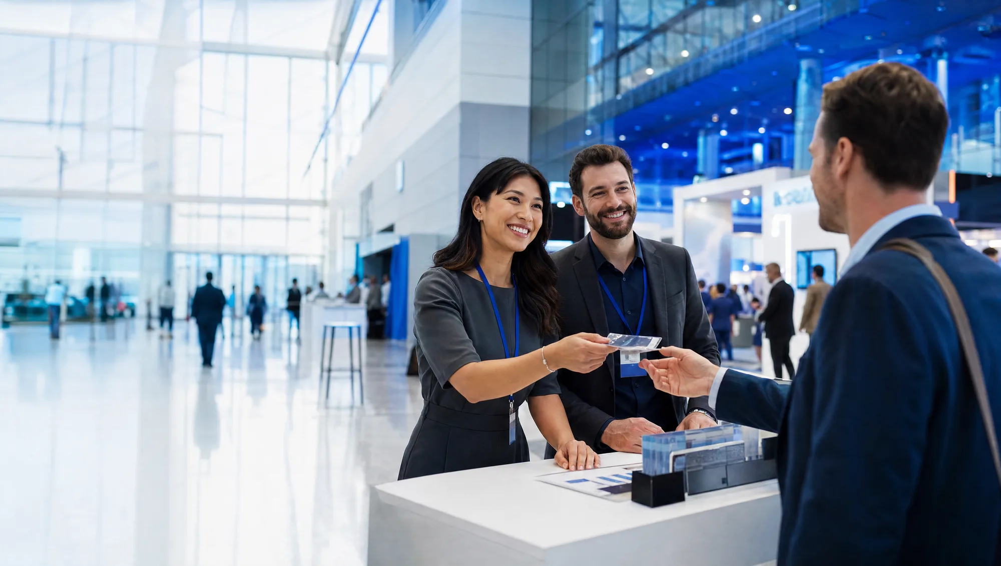 Illustrative scene: smiling registration staff greet an attendee in a bright conference hall